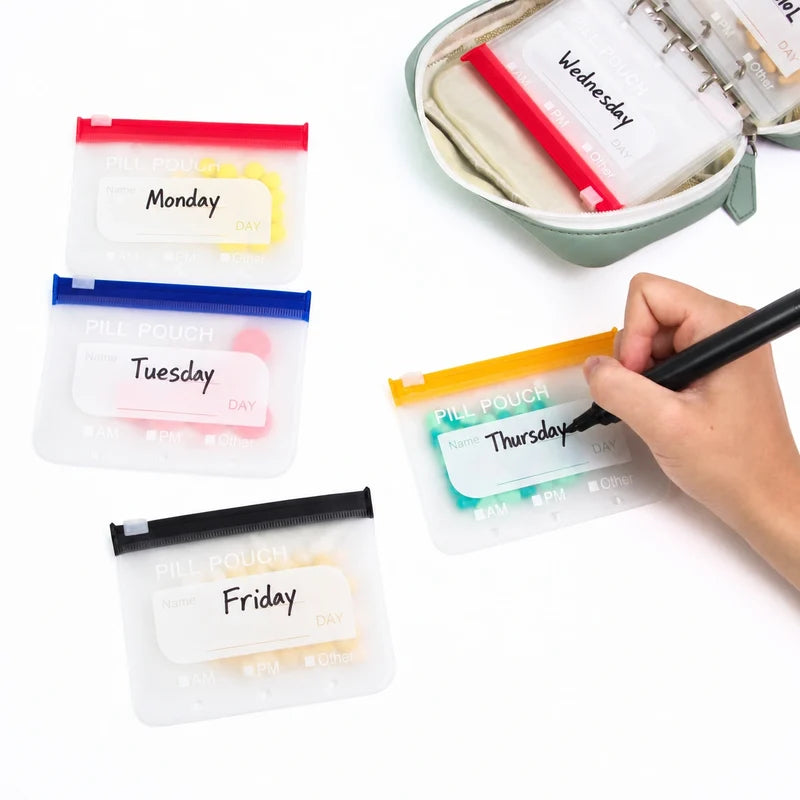Pill Organizer Zip Pouch - Travel Pill Bag with Writable Zip Sleeves